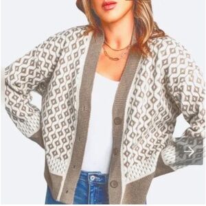 Cozy Soft Geometric Print Cardigan in Brown/ Light Grey